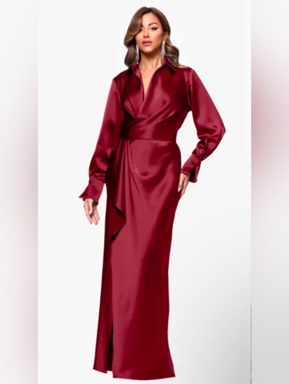 Xscape Emery" Satin Long Sleeve Collared Wrap Maxi Dress in Color Wine